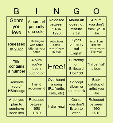 2023 Album Exploration Bingo Card