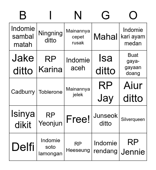 Punya Jake Bingo Card