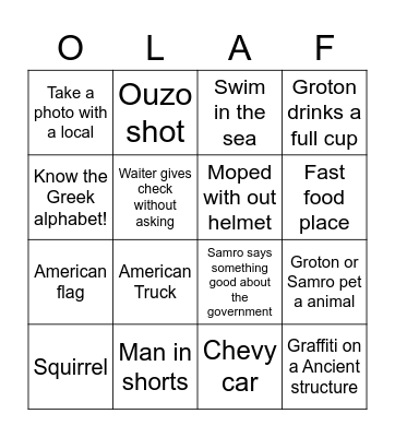 Greek Bingo Card