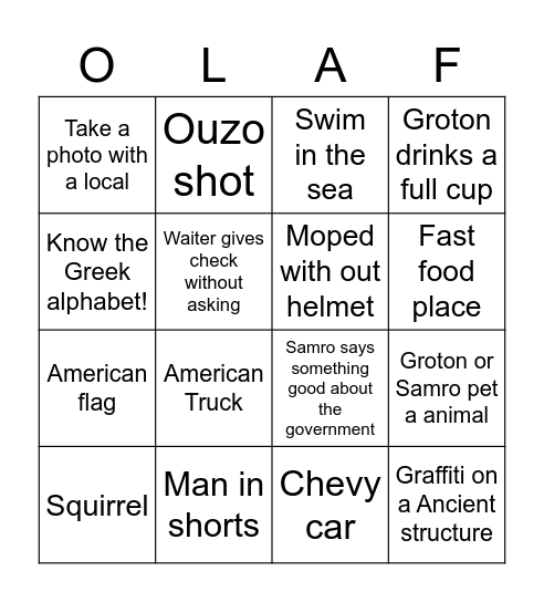 Greek Bingo Card