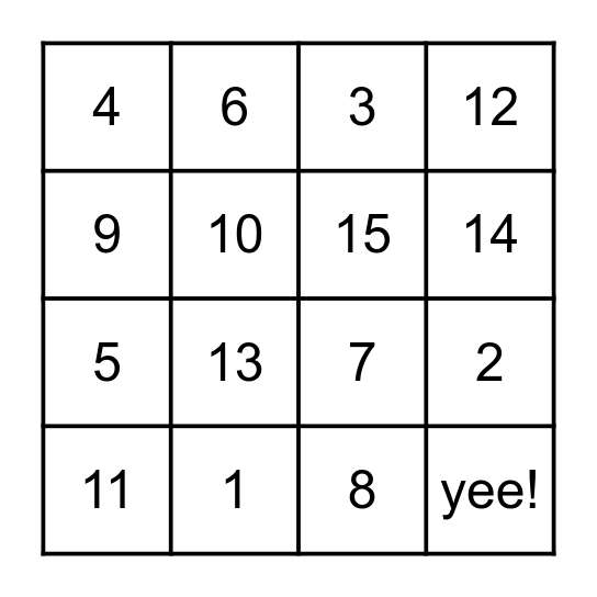 Numbers 1-15 Bingo Card