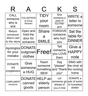 Random Acts of Christian Kindness Bingo Card