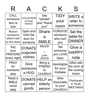 Random Acts of Christian Kindness Bingo Card