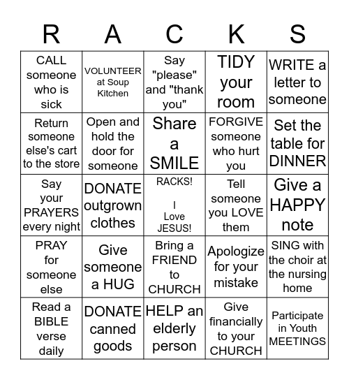 Random Acts of Christian Kindness Bingo Card