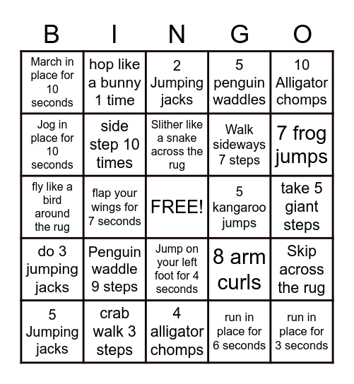 Exercise Bingo Card