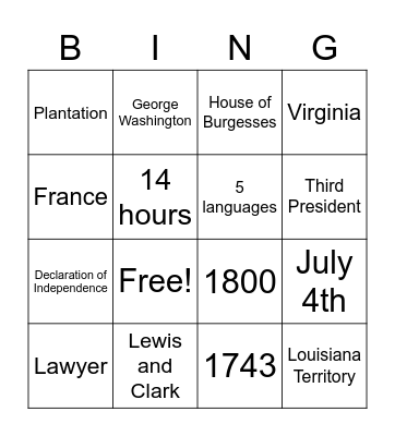 Thomas Jefferson Bingo Card