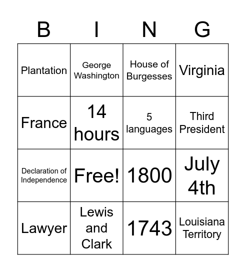 Thomas Jefferson Bingo Card