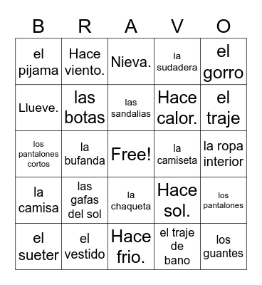 La ropa Bingo Card