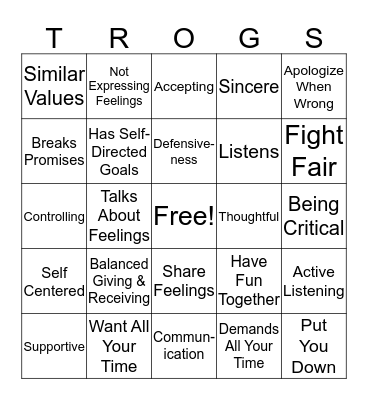 Healthy Relationship Bingo Card