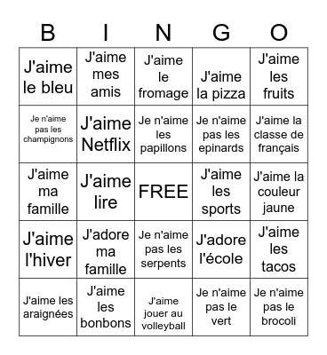 J'adore, J'aime, Je n'aime pas, Je déteste Bingo Card