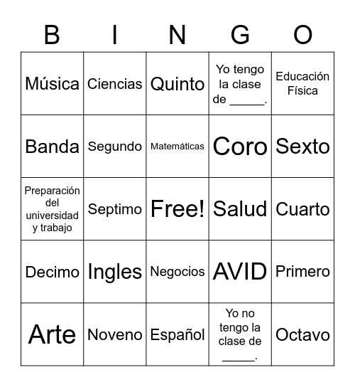 School/Escuela Bingo Card