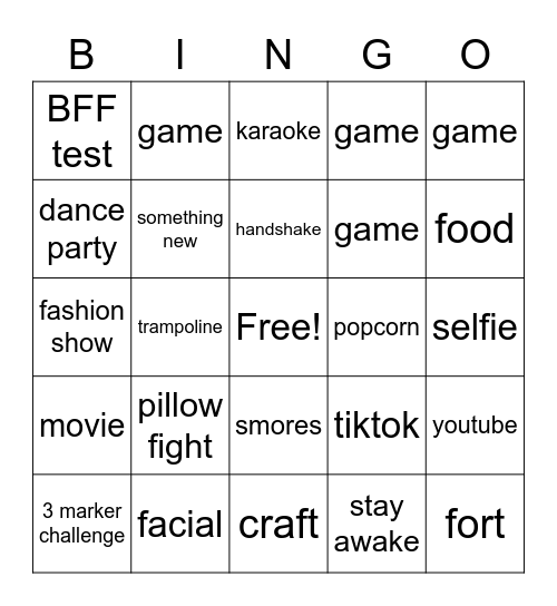 Sleepover Fun Bingo Card