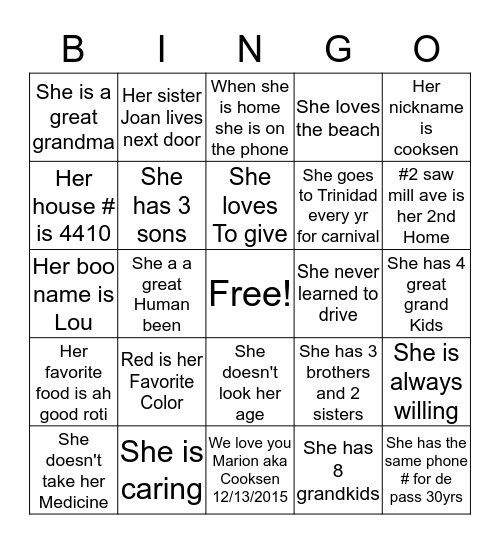 Marion's Birthday Bingo Card