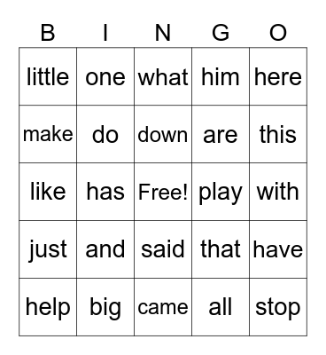 Sight Words Bingo Card