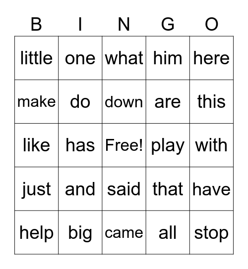 Sight Words Bingo Card