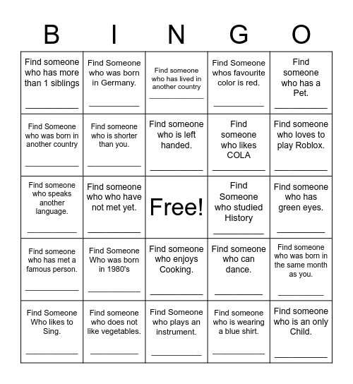 Find Someone Who Bingo Card