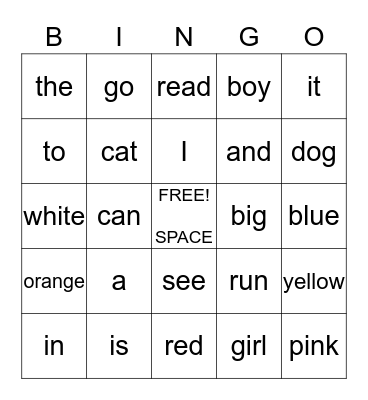 Sight Words Bingo Card