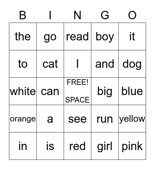 Sight Words Bingo Card