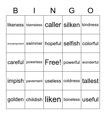 Suffixes Bingo Card