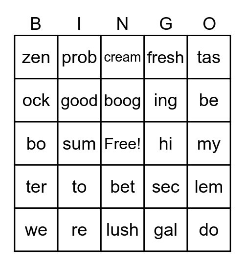 Open/Closed Syllable Bingo Card
