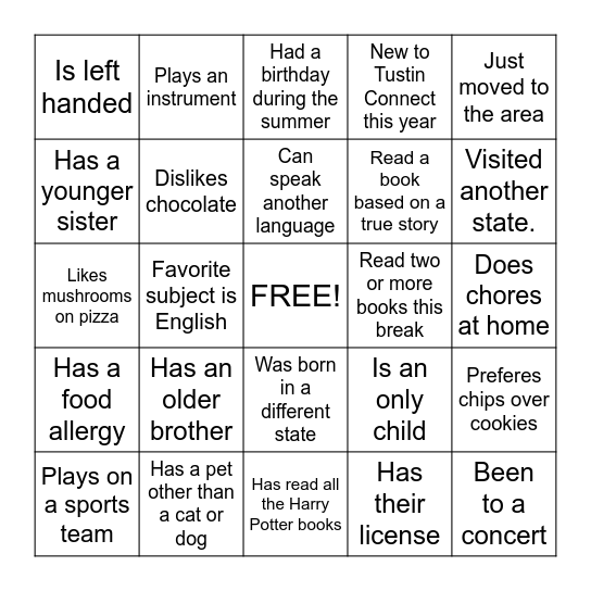 Getting to Know You Bingo Card