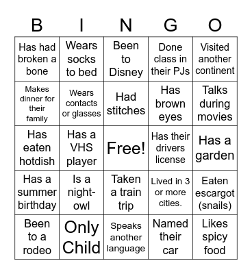 Getting to know you! Bingo Card