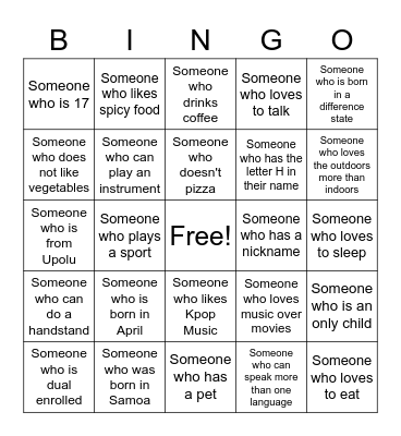 Getting to Know You Bingo Card