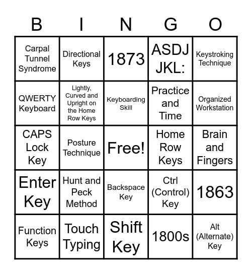 Touch Typing (Keyboarding) Information Bingo Card