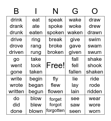 irregular verbs Bingo Card