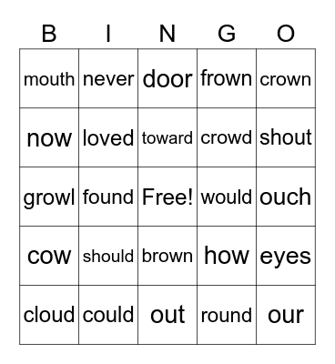 1st Grade Spelling Words - Phonics "ou" & "ow" Bingo Card
