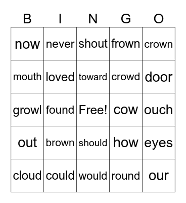 1st Grade Spelling Words - Phonics "ou" & "ow" Bingo Card