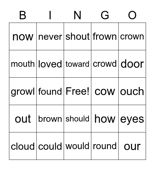1st Grade Spelling Words - Phonics "ou" & "ow" Bingo Card