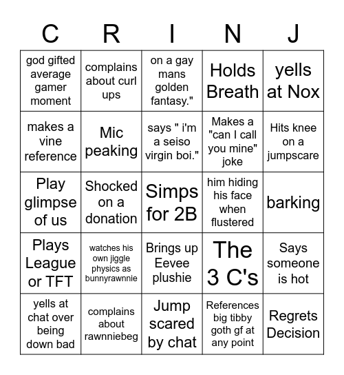 C R I N J for Rawnnie Bingo Card