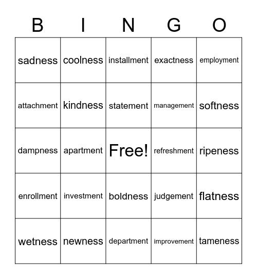 -ment/-ness Bingo Card