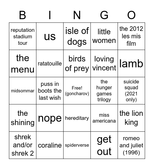 leo limelights film bingo Card