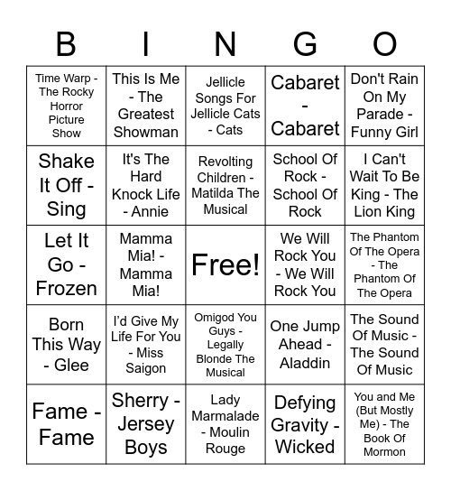 DISCO BINGO - MUSICALS! Bingo Card