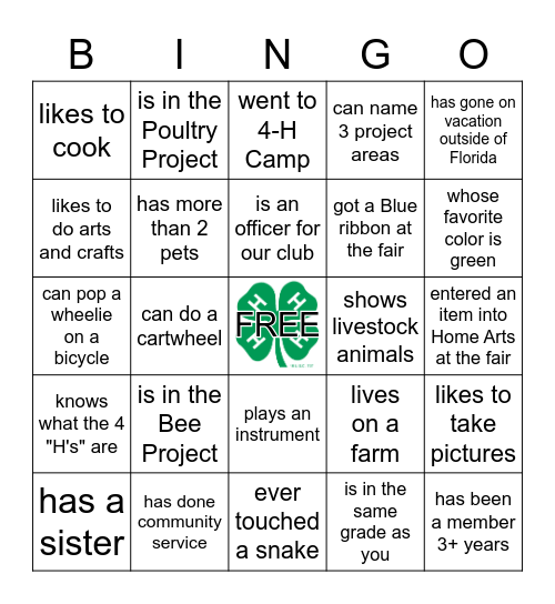 4-H/ Get to know you Bingo Card