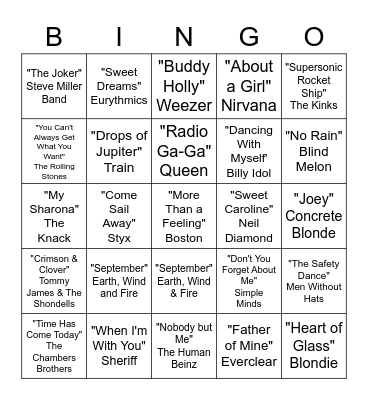 ROCK N ROLL BINGO 4 Bingo Card