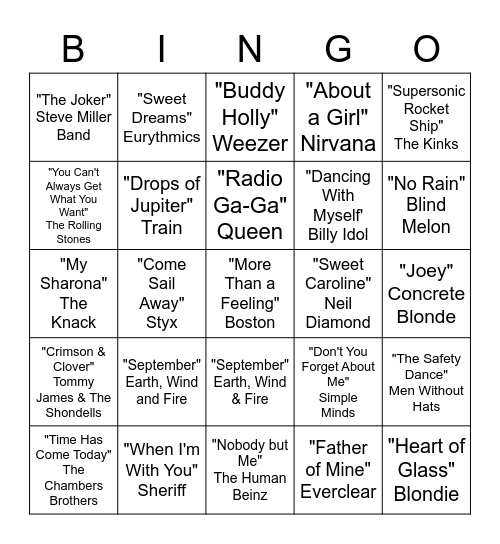 ROCK N ROLL BINGO 4 Bingo Card