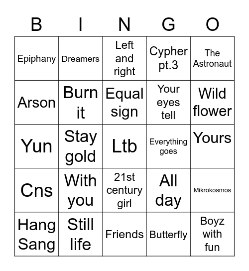 @BoysToStan Bingo Card