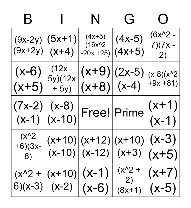 BINGO - 4.1 Factoring Bingo Card