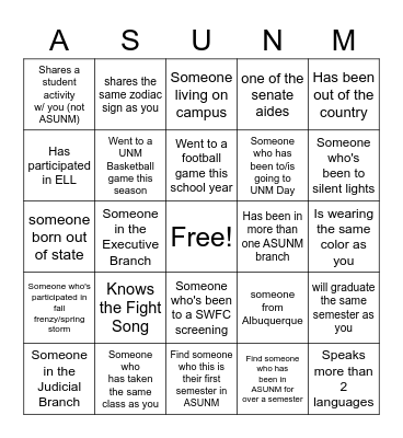 ASUNM Retreat Spring 23 Bingo Card