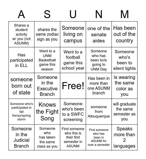 ASUNM Retreat Spring 23 Bingo Card