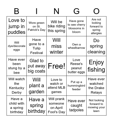 Spring Time Bingo Card