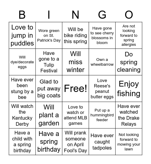 Spring Time Bingo Card