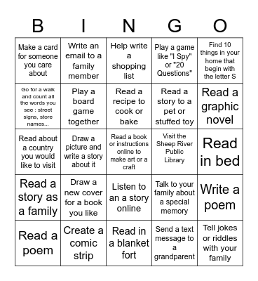 Literacy Week Bingo - Family Edition Bingo Card