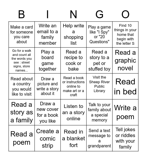 Literacy Week Bingo - Family Edition Bingo Card