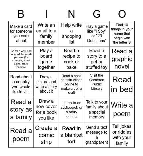 Literacy Week Bingo - Family Edition Bingo Card