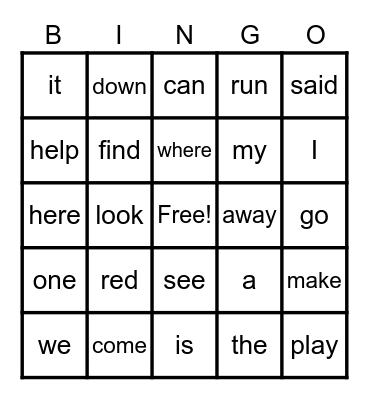 Sight Words Bingo Card