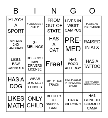 UTEXAS NUTRITION Bingo Card